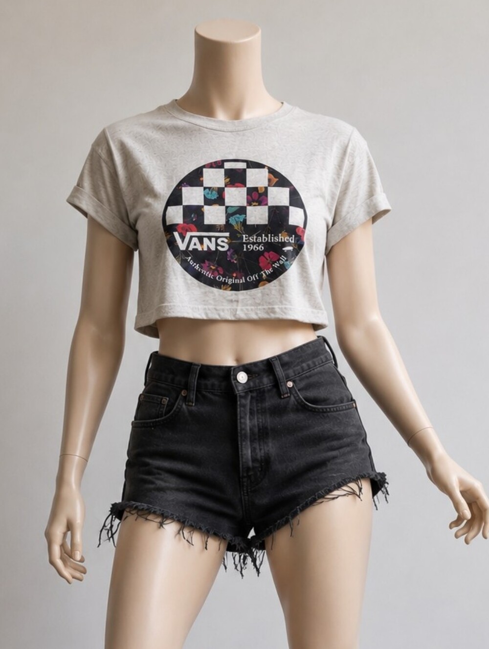 Vans Floral Checkerboard Graphic Crop Top Tee Small